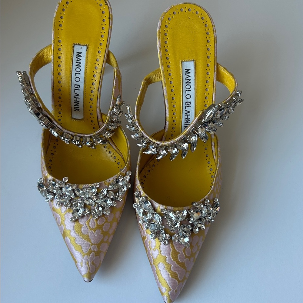 Manolo Blahnik Lurum Crystal Mule Leopard Jacquard Pink Yellow Wedding Shoes - Picture 7 of 11